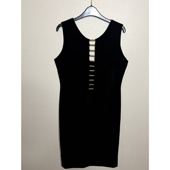 Joseph Ribkoff Black sheath dress gold back zipper & gold bar details sz 12 - Picture 1 of 7